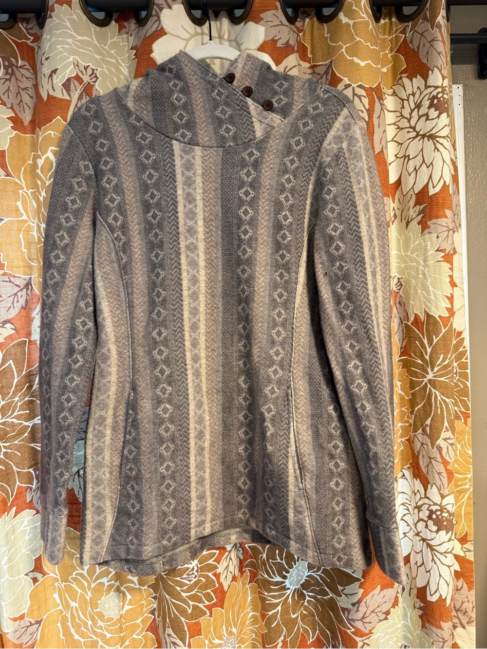 ibex Gray Patterned Cowl Neck Sweater with Button Detail